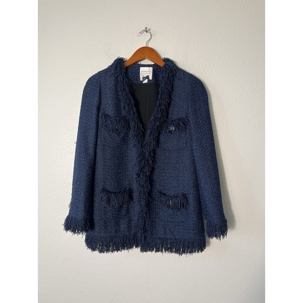 Edward Achour Paris Tweed Blazer Blue Fringe Jacket Size 4/6 Workwear $1295 Prep